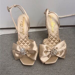 Sam Edelman Champagne Satin Bow Slingback Heels with Crystal Accent